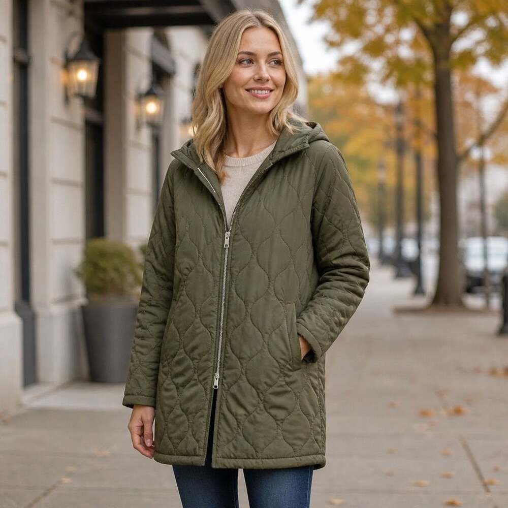 AIYISHANGFUSHI Women's Army Green Hooded Quilted  Fall Winter Long Coat